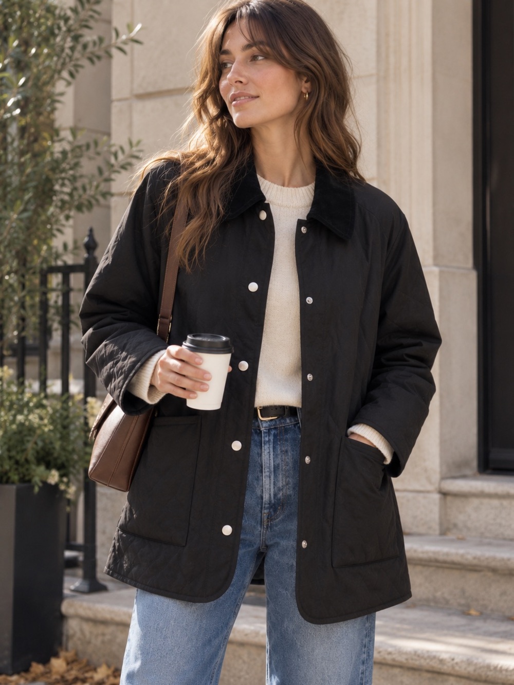 London Fog Black Quilted Barn Jacket Velvet Collar Size S